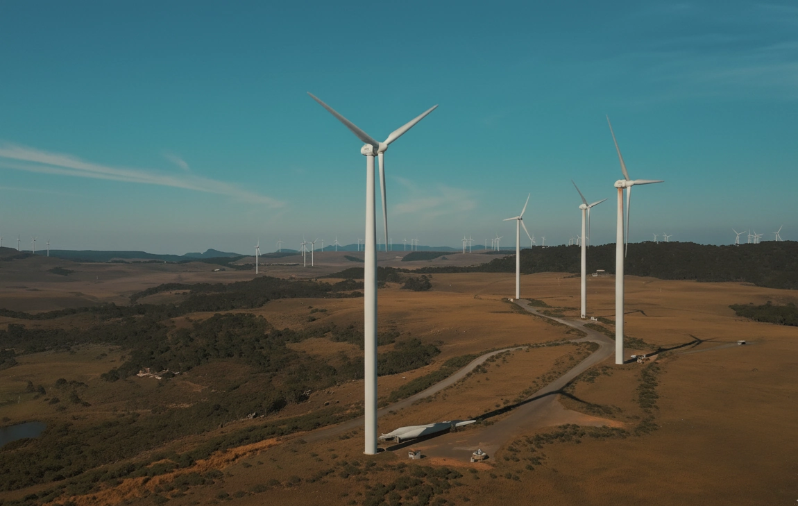 Aerial view of wind turbines across the East African landscape